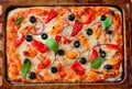 Freshly baked Vegetarian Pizza in baking tray Royalty Free Stock Photo