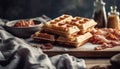 Freshly baked waffle stack with crispy bacon generated by AI