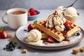 Freshly baked waffles with ice-cream