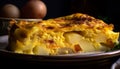 Freshly baked yellow cheese omelet on rustic plate generated by AI