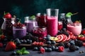 Freshly blended fruit smoothies of various colors and tastes in glass with raspberries, blueberries, strawberries, currant and