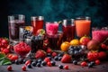 Freshly blended fruit smoothies of various colors and tastes in glass with raspberries, blueberries, strawberries, currant, plum