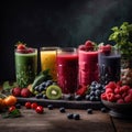 Freshly blended fruit smoothies of various colors and tastes in glass with raspberries, blueberries, strawberries, kiwi, cherry