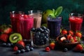 Freshly blended fruit smoothies of various colors and tastes in glass with raspberries, blueberries, strawberries, kiwi and mint,