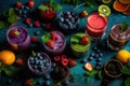 Freshly blended fruit smoothies of various colors and tastes in glass with raspberries, blueberries, strawberries, oranges, kiwi