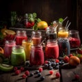 Freshly blended fruit smoothies of various colors and tastes in glass with raspberries, blueberries, strawberries, oranges, kiwi