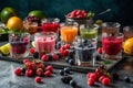 Freshly blended fruit smoothies of various colors and tastes in glass with raspberries, blueberries, strawberries, oranges, lime