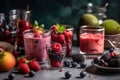 Freshly blended fruit smoothies of various colors and tastes in glass with raspberries, blueberries, strawberries, peach, apple