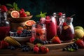 Freshly blended fruit smoothies of various colors and tastes in glass with raspberries, blueberries, strawberries, peach, apple,