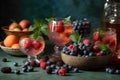 Freshly blended fruit smoothies of various colors and tastes in glass with raspberries, blueberries, strawberries, peach and mint