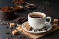 A Cup of coffee with bitter chocolate and dark brown sugar. On black rustic background Royalty Free Stock Photo