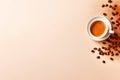 A freshly brewed espresso in a white cup surrounded by roasted coffee beans on a beige background. Generative AI Royalty Free Stock Photo