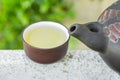 Freshly Brewed Green Tea in Ceramic Cup Pot on Nature Foliage Background. Chinese Japanese Asian Cuisine. Healthy Drinks Detox Royalty Free Stock Photo