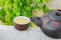 Freshly brewed green tea in clay cup pot on stone in garden nature foliage background. Chinese Japanese Asian Cuisine