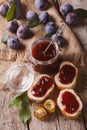 Freshly brewed plum jam and toast close-up. vertical top view Royalty Free Stock Photo