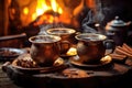 freshly brewed turkish coffee in cups by fire