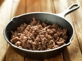 Freshly browned ground beef in iron skillet