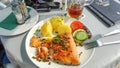 Freshly caught sea fish in a beach restaurant at Dune island near German holiday resort Helgoland island and wildlife reserve at
