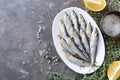 Freshly caught sea small fish on a plate on a gray concrete background with copy space Royalty Free Stock Photo