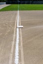 Freshly chalked baseline, with third base plate, running out to the 300 yards sign, empty baseball field on a sunny day