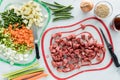 Freshly chopped vegetables and beef in preparation for beef and barley stew. Royalty Free Stock Photo