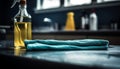 Freshly cleaned kitchen table with wet towel and glass bottle generated by AI Royalty Free Stock Photo