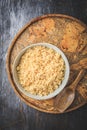 Freshly cooked bulgur in bowl. Bulgur wheat grains Royalty Free Stock Photo