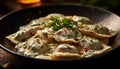 Freshly cooked Chinese dumplings on a wooden plate, ready to eat appetizer generated by AI