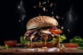 Freshly cooked classic fast food burger. Close-up of hamburger with cutlet, vegetables and sauce. Generative AI