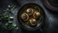 Freshly cooked escargot on rustic crockery plate generated by AI