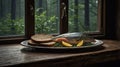 Rustic Still Life: Fresh Fish, Bread, and Lemon on Wooden Windowsill Royalty Free Stock Photo