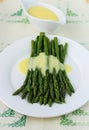 Freshly cooked green asparagus with hollandaise sauce Royalty Free Stock Photo