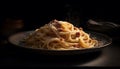 Freshly cooked Italian pasta meal on rustic crockery plate generated by AI Royalty Free Stock Photo