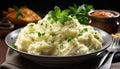 Freshly cooked mashed potatoes with butter and parsley garnish generated by AI