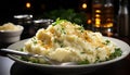 Freshly cooked mashed potatoes with butter and parsley on plate generated by AI