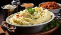 Freshly cooked mashed potatoes with butter and parsley on wooden table generated by AI