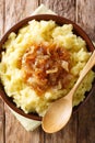 Freshly cooked mashed potatoes with caramelized onions close-up on a plate. Vertical top view