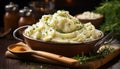 Freshly cooked mashed potatoes on a rustic wooden table generated by AI