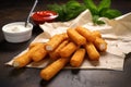 freshly cooked mozzarella sticks on a paper napkin