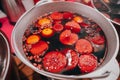 Freshly cooked mulled wine in the pan Royalty Free Stock Photo