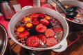 Freshly cooked mulled wine in the pan Royalty Free Stock Photo