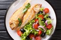 Freshly cooked pink dorado fish with lemon and vegetable salad close-up on a plate. horizontal top view