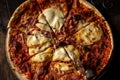 Freshly cooked pizza. Top view. Cut into pieces. Dark background. Close-up