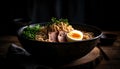 Freshly cooked pork ramen soup in rustic wooden bowl generated by AI