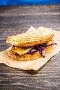 Freshly cooked sandwiches with roasted chicken, purple cabbage and mushrooms Royalty Free Stock Photo