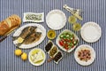 Freshly cooked seafood grilled sea bream fishes, octopus in vinegar sauce, sardines in olive oil and vegetable salad Royalty Free Stock Photo