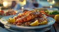 Freshly Cooked Shrimp, Scallops, and Lemon With Parsley and Tomatoes on a Black Background