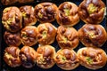 Freshly cooked traditional salted cheese pies called `poale in brau` in display for sale at a weekend street food market in Buchar