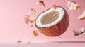 Freshly cracked coconut with floating chunks on pink background Royalty Free Stock Photo