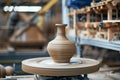 Freshly crafted pottery vase on spinning wheel in workshop Royalty Free Stock Photo